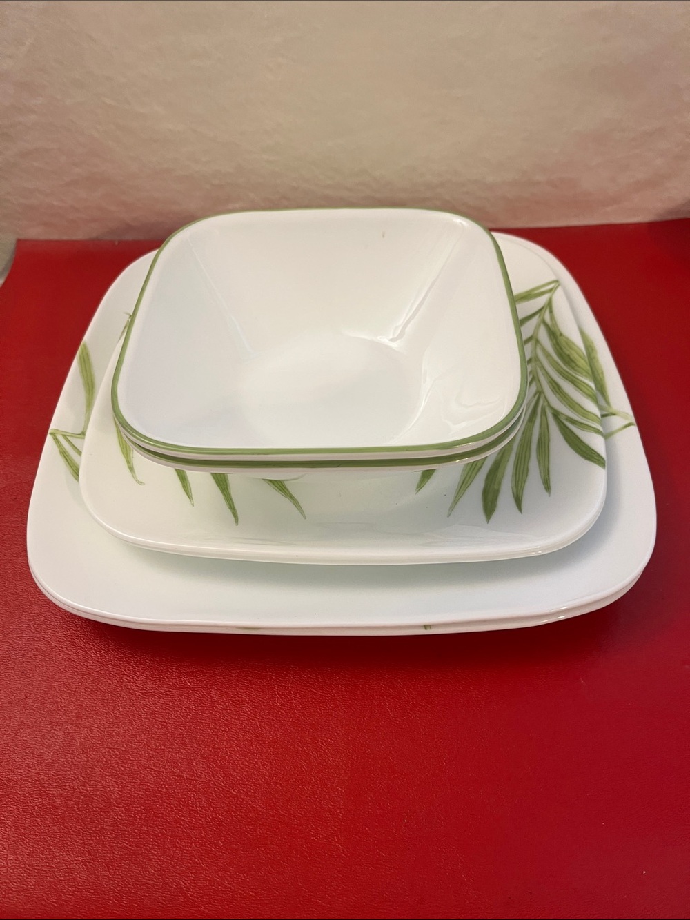 Corelle Bamboo Leaf plate Square dinner Salad and bowl Plates White Green set 6